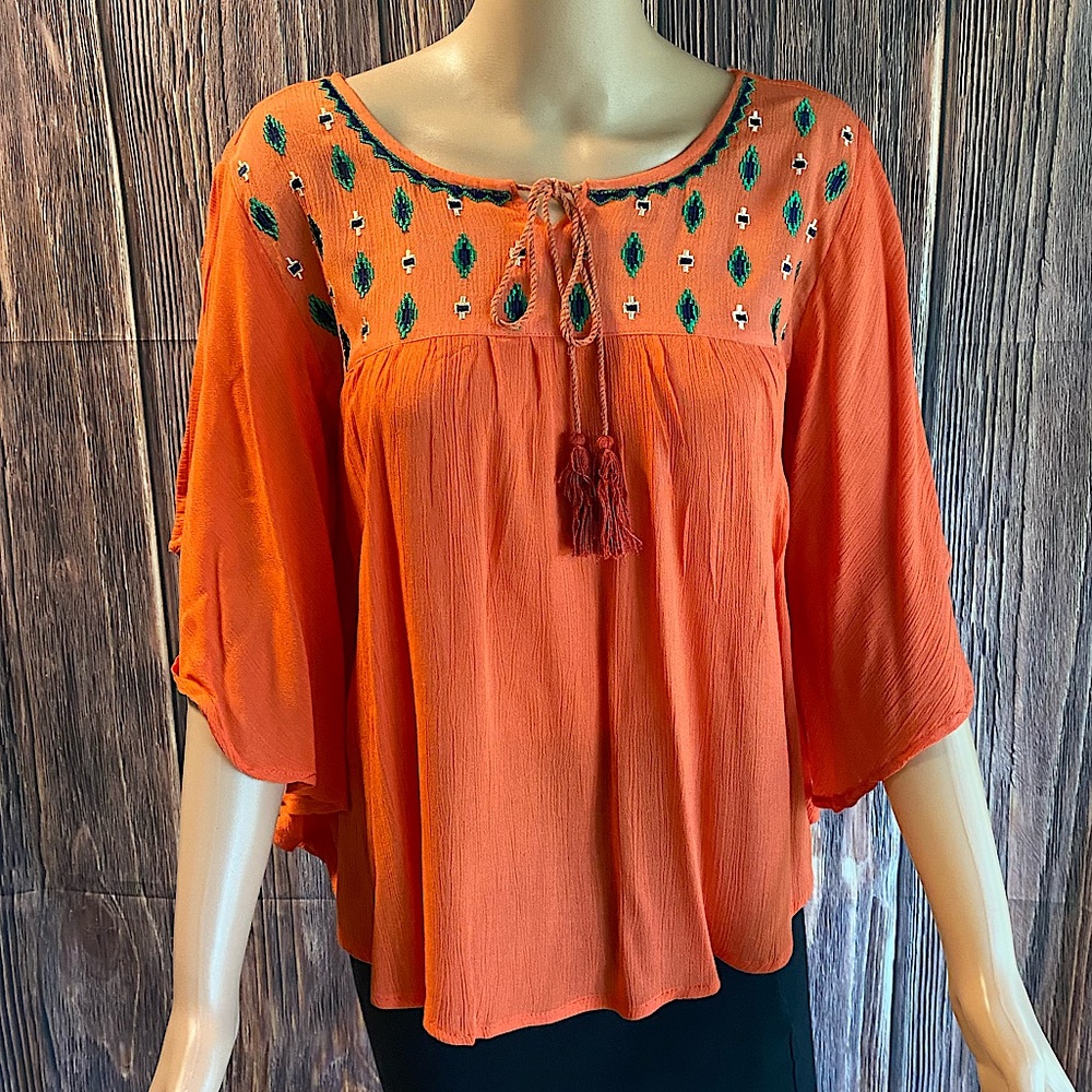 Top Stitch size medium orange & green boho embroidered tassel blouse top